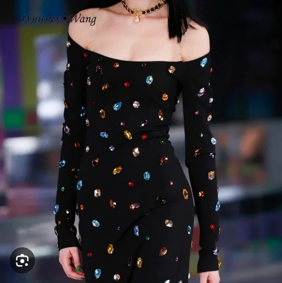 Chic Black Long Sleeve Dress with Multicolor Details Brand New Velvet - Picture 3 of 8